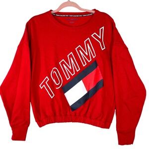 Tommy Hilfiger Sport Red Graphic Sweatshirt Womens Medium Flag Logo Fleece Crew